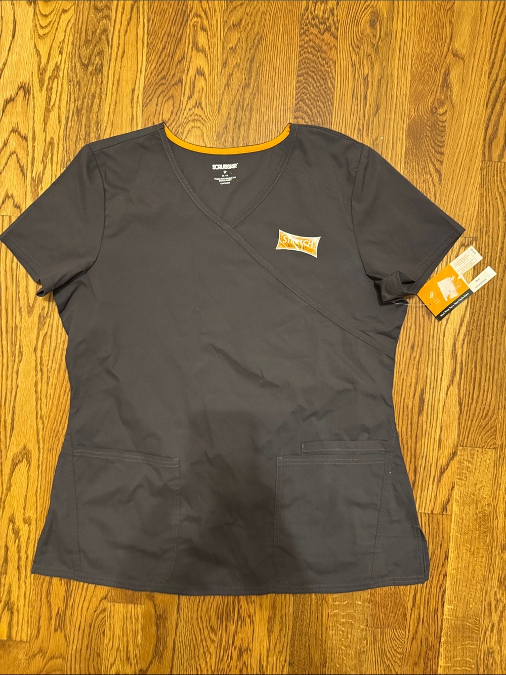 Scrubstar Women's Short Sleeve Mock Wrap Scrub Top in Charcoal size XS